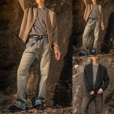 Herren Retro Strick Cardigan Pullover Langarm V-Ausschnitt Oberbekleidung Schwar - Bild 1 von 4