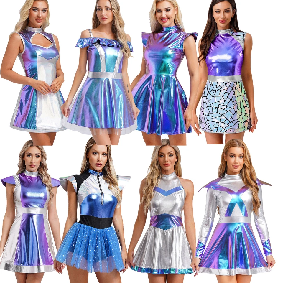 Womens Alien Costume Metallic Shiny Halloween Space Cadet Dress Fancy Dress - Image 3 of 4