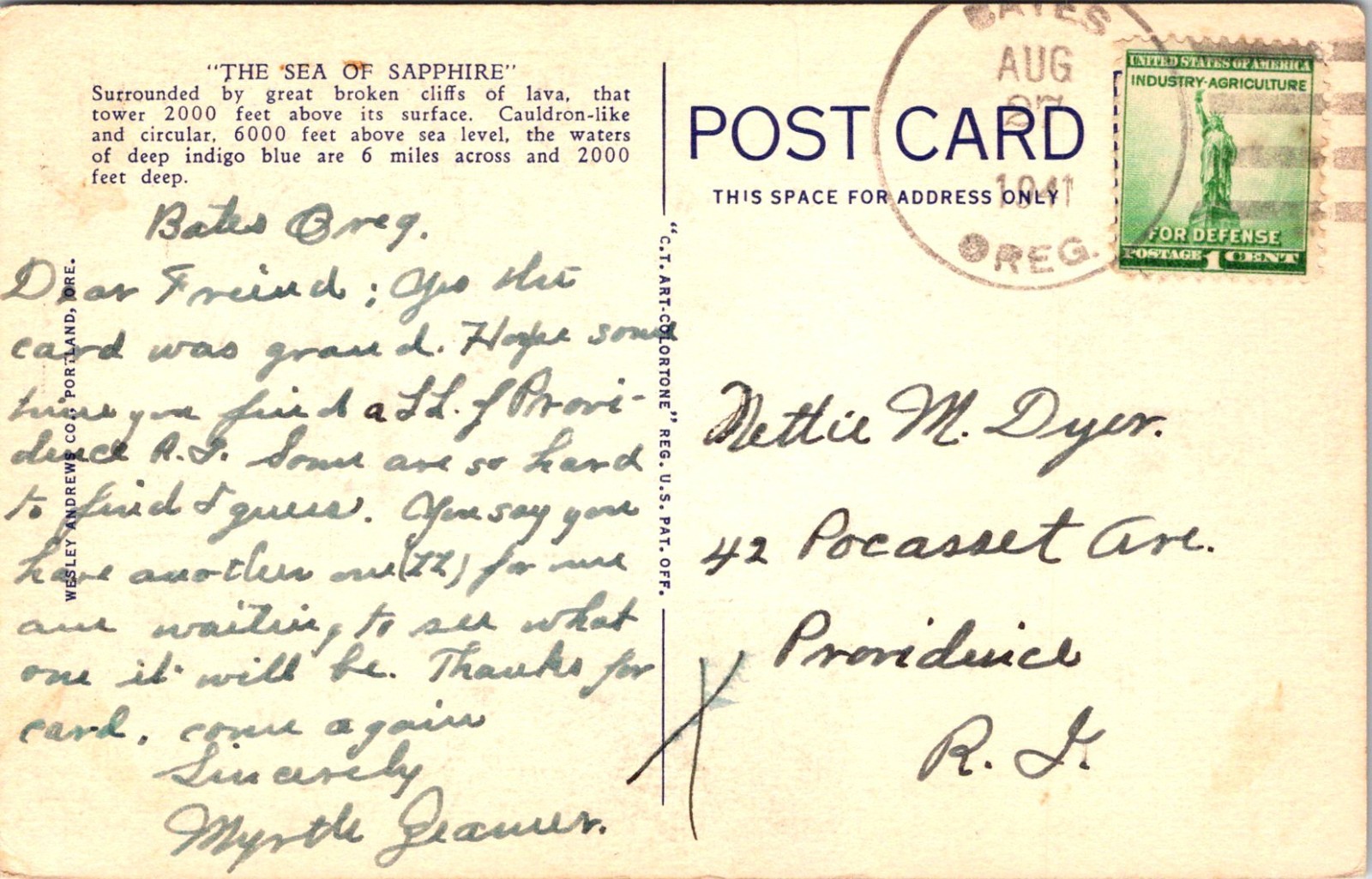 Crater Lake Lava Cliffs Cauldron Sea Sapphire Oregon Postcard B44