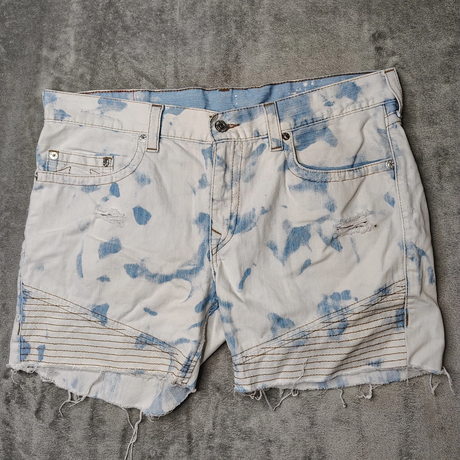 True Religion Moto Denim Shorts Mens 38 Blue White Tie Dye Bleached Cut Off Raw