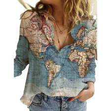 Women's Shirt WORLD MAP Printed Long Sleeve T-ShirtTee Ladies Baggy Blouse Tops⚝