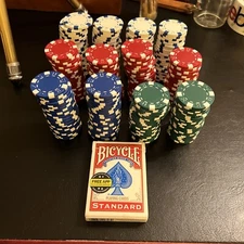 Poker Game Chips Nice Set Heavy Hard Plastic And Deck Of Bicycle Cards