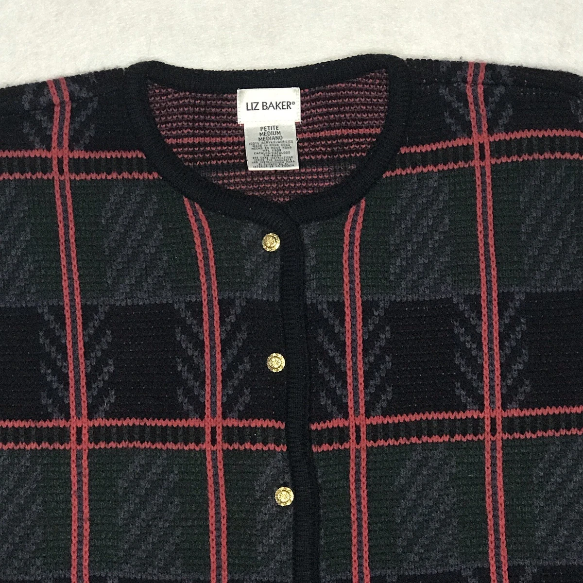 Liz Baker Sweater Women s MP Black Plaid Button Up Pockets