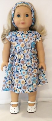Blue Floral Cap Sleeve Dress and Headband 2pc Set Fits 18'' Girl Dolls
