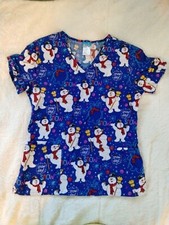 Women's Small Scrub Top Shirt frosty the snowman blue Snow Day Cotton