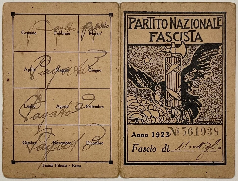 MONTIGLIO ASTI PARTITO DI GOVERNO TESSERA F. DI COMBATTIMENTO A.II° 1923 - Immagine 2 di 4