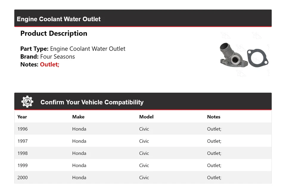 Tomada de água líquido de arrefecimento do motor Honda Civic 1996-2000 4 estações 1997 1998 1999 - Imagem 2 de 4