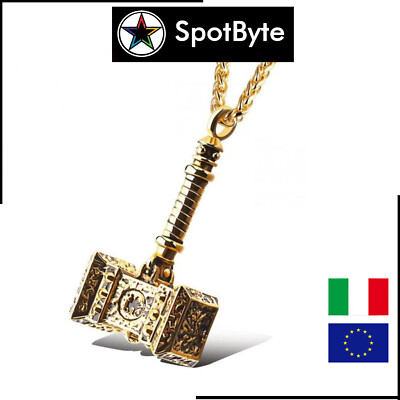 VASSAGO Collana da uomo con ciondolo a forma di martello di Thor vichingo stile vintage norvegese Mjolnir in acciaio inox amuleto nordico pagano (Collana Mjolnir-G