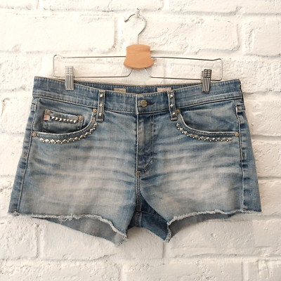 Ag Adriano Goldschmied Jean Shorts Women 31 Cut-Off Pixie Blue Whiskered Studded