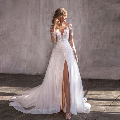 Sexy Side Slit Wedding Dresses Full Sleeve Appliques Sweep Train Bridal Gowns
