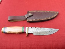Large Damascus Bowie knife w blonde wood handle  leather sheath