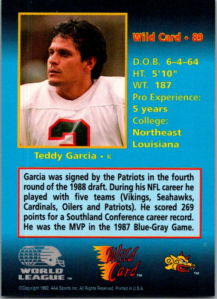1992 WILD CARD WLAF TEDDY GARCIA BARCELONA DRAGONS #89 | eBay