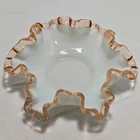 *SALE* Vtg Fenton Rose Pink Ruffled Edges White Milk Glass Candy Bowl Dish