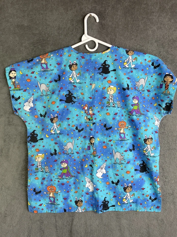 Halloween Scrub Top Shirt Adult Large Blue Fashion Scrub Trick-Or-Treat Short - Image 2 of 4