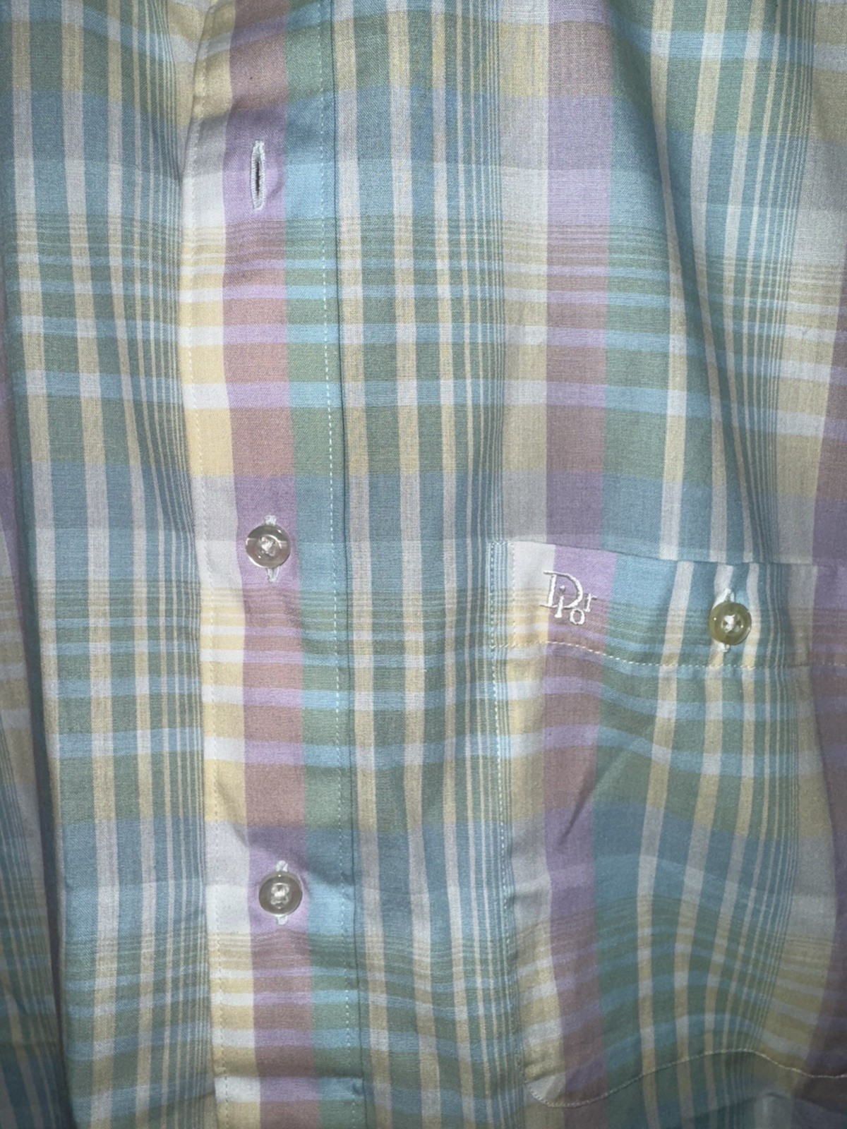 Vintage Christian Dior short sleeve button up dress shirt light blue pink plaid image 3