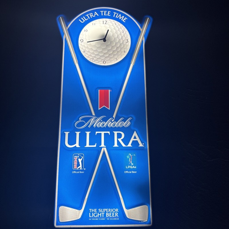 Michelob Ultra Golf Beer Sign 31 X 12 Blue Clock/Light Awesome Item Works Great!