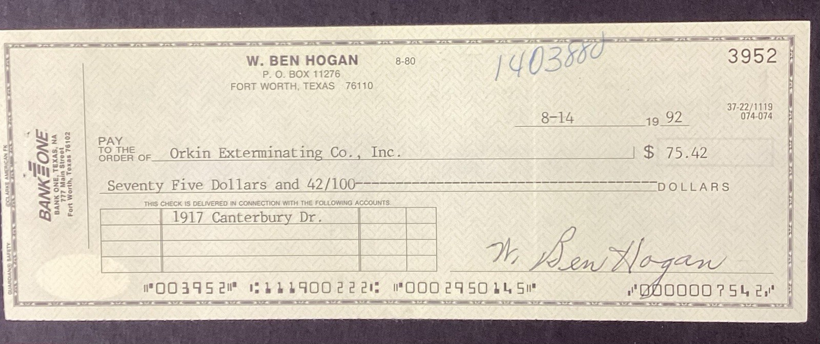 Ben Hogan Signed Check PGA Tour Masters US Open Golf Champion HOF ...