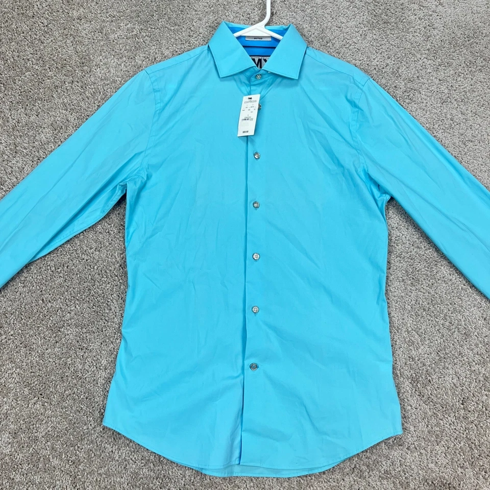 Camisa Express 1MX Ajustada Edición Limitada Azul Manga Larga Para Hombre Pequeña Puño Abatible Foto 2 de 4