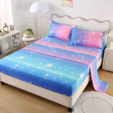 Rainbow Galaxy Sheet Set Full Size, 4-Piece Bedding with Glitter Star Ombre Desi