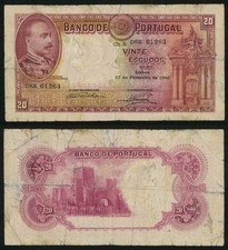 Currency February 27, 1940 Bank of Portugal Banknote 20 Escudos De Albuquerque