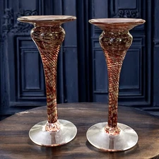 NW Studio Art Threaded Glass Candlestick Holders Burgundy Reds Signed Dated 7”
