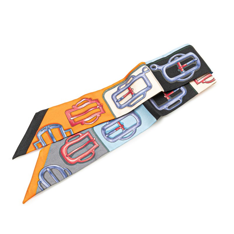 Hermes Twilly Attelage Buckle Orange Multicolor Silk Scarf Pre-Owned