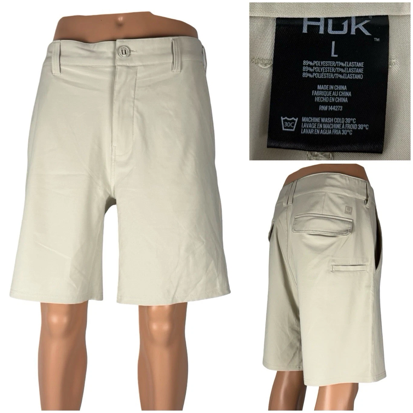 Huk Pursuit Mens Large Shorts Fishing LightWeight Beige Polyester Stretch EUC