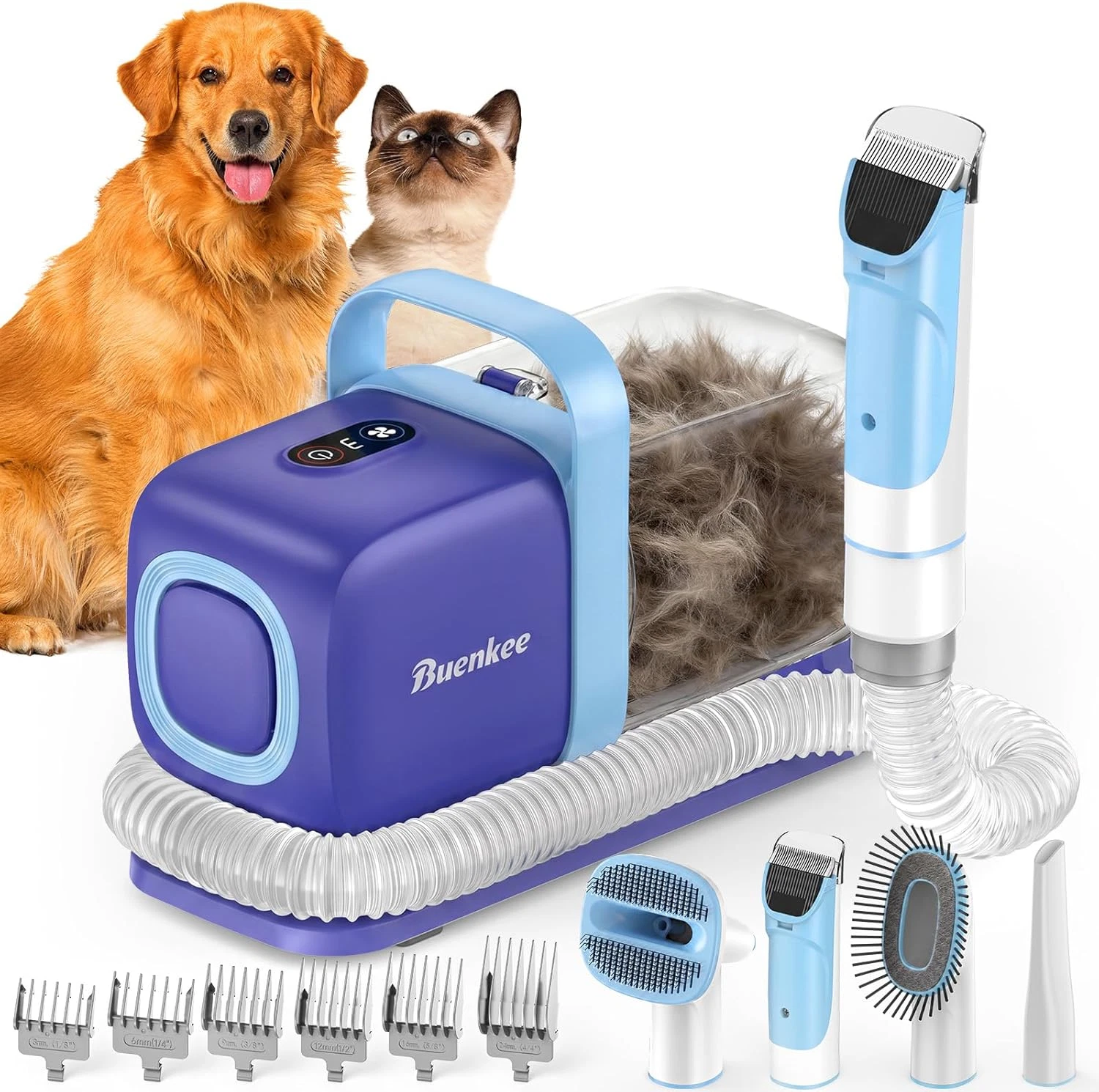 Buenkee Dog Grooming Kit with Vacuum, 15000Pa Pet Hair Clipper and Shedding Brus