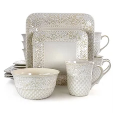 16pc Stoneware Floral Dove Dinnerware Set White - Elama: Rounded