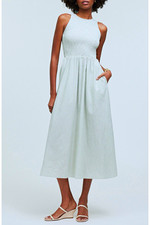 Madewell NWT The Melody Smocked Midi Dress Green Striped Cotton Pockets Small
