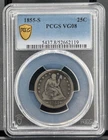 1855 S Seated Liberty Quarter PCGS VG 8, Low Mintage Semi-Key Date