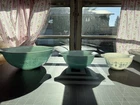 Vtg Set Of 3 Turquoise Pyrex Amish Butter Print Cinderella Nesting Bowls