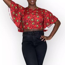 Red Ankara Print Women Butterfly Sleeve Halter Top