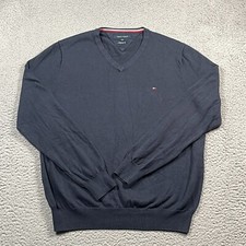 Tommy Hilfiger Sweater Men's Large Blue V-Neck Long Sleeve Premium Cotton Logo