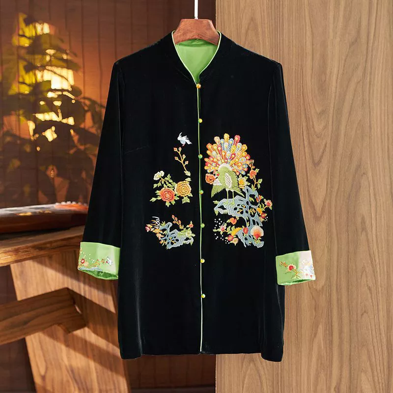 Ladies Velvet Jacket Tang Suit Midi Embroidered Flower Top Floral