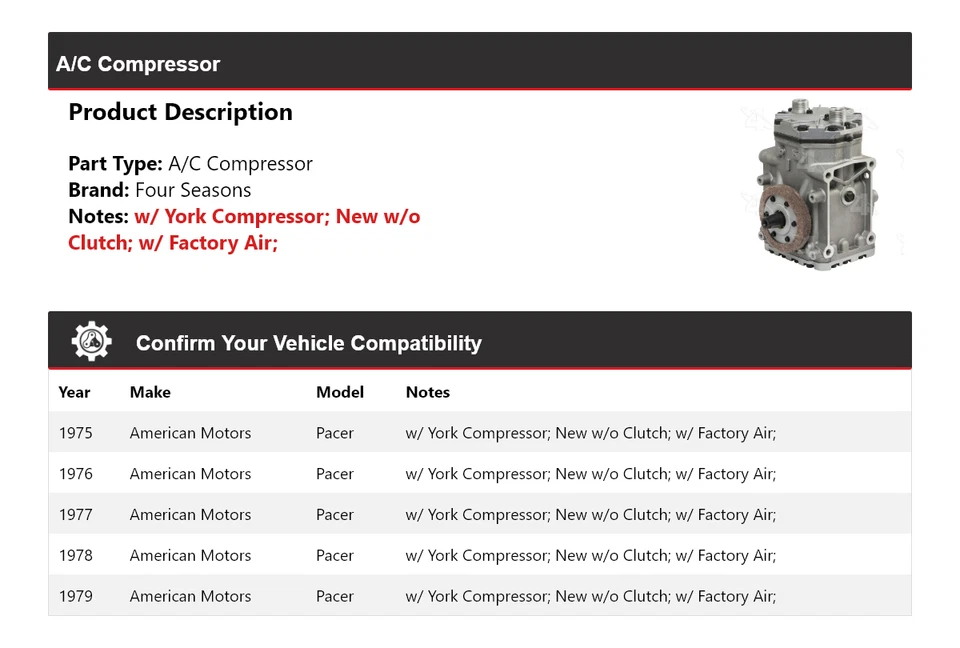 Compresor de aire acondicionado American Motors Pacer 1975-1979 4 estaciones 1976 1977 1978 Foto 2 de 4