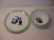 ANNE HATHAWAY HAND PAINTED POTTERY PANDA BEARS CHILDS PLATE AND BOWL SET