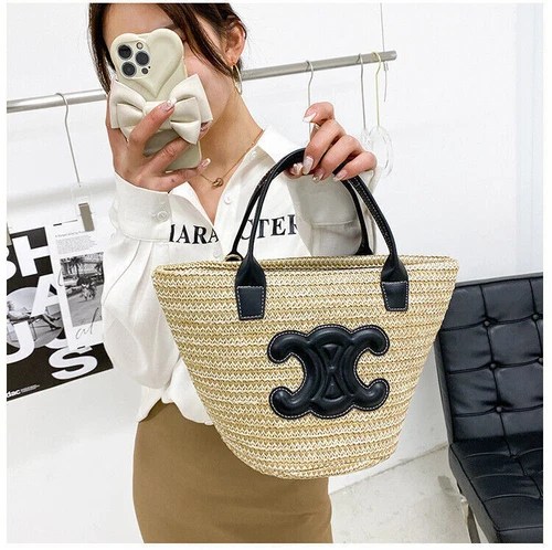 Bolso de Mano de Paja para Damas Bolso de Playa Bolso de Ratán + Banda para el Cuello de Seda Bolso de Gran Tamaño - Imagen 14 de 22
