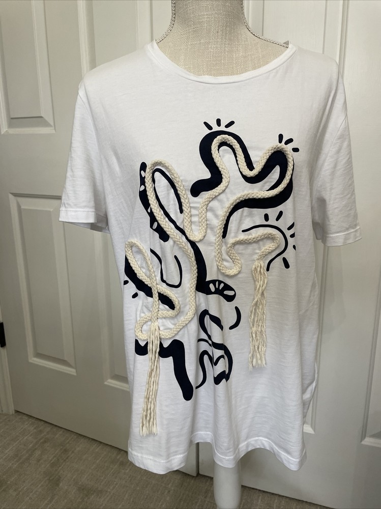 ZARA Embellished White Graphic Tee with Rope Embroidery for Women Size XL