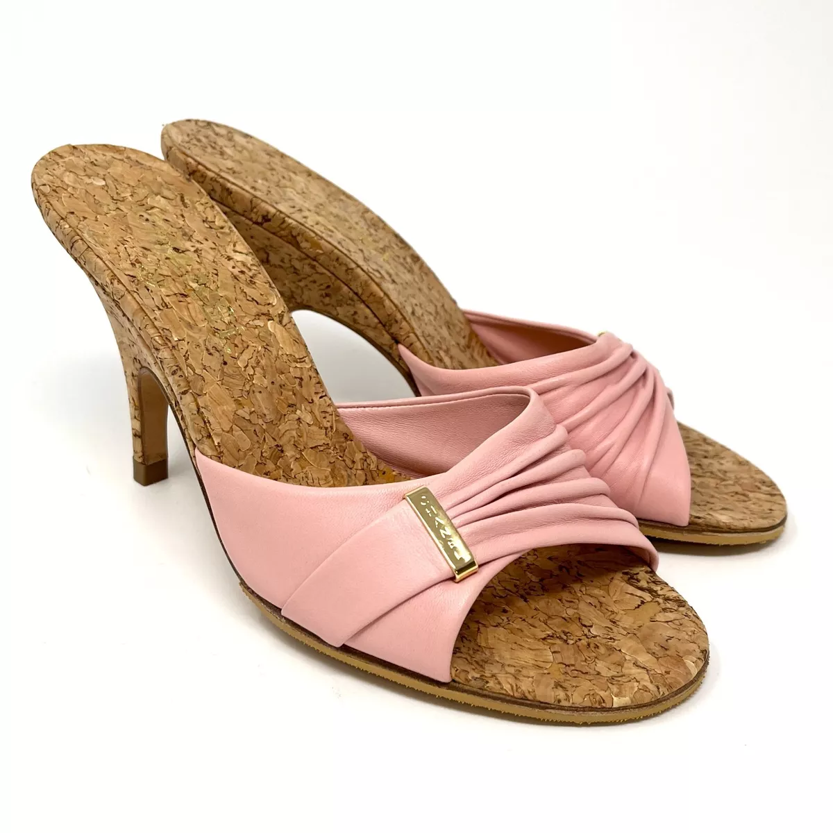 CHANEL Vintage Logo Cork Sandals Heels #37 US6.5 Pink Gold Leather RankAB