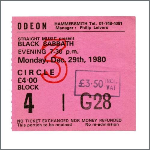 Black Sabbath Odeon Hammersmith 1980 Concert Ticket Stub (UK) - Afbeelding 1 van 1