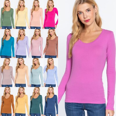 Women's Round Neck Long Sleeve T Shirt Basic Stretch Cotton Top US Slim Fit
