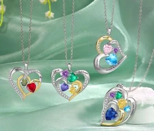 Personalized Engraved Mothers Day Necklace 2-5 Names And Birthstones Silver/Gold