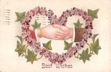 Ivy on Heart Made of Violets Framing Lovers' Clasped Hands - 1909 Best Wishes PC