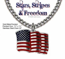 LARGE AMERICAN FLAG NECKLACE Stainless Steel Chain USA Veteran Vet Dad Son Bro'
