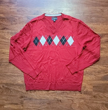 Club Room Italian-Spun Yarn Pullover Knit Sweater Mens Large Red Argyle V-Neck