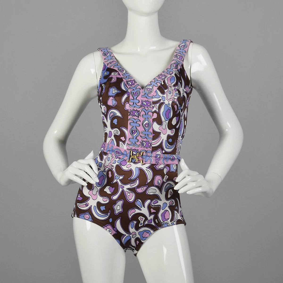 XS 1960s Purple Psychedelic Print Swimsuit Belted One Piece