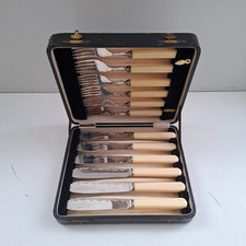 12 x Vintage Ryals Firth Staybrite Fish Knives Forks Cutlery w/ Faux Bone Handle