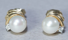 14K Yellow Gold 6.5mm CULTURED PEARL  Diamond Earrings 1/4" 2.7gras