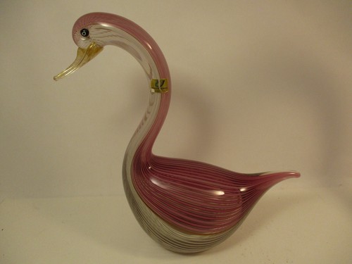 Pair Vintage Maesti Murano Signed Art Glass Swans Large 16" Lattincino Striped - Picture 13 of 18